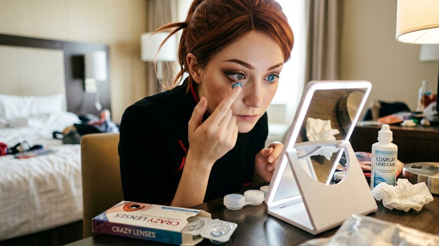 Cosplayer holding contact lens on fingertip, preparing to insert colored cosplay contacts safely before makeup application