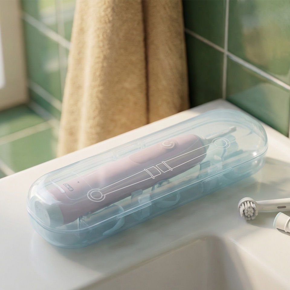 A transparent container holding an electronic tooth brush on a bathroom countertop.