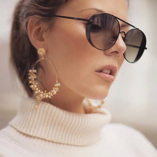 Stephanie Waxberg wears Soru Jewellery 24ct gold plated silver filigree Swarovski pearl large hoop earrings 