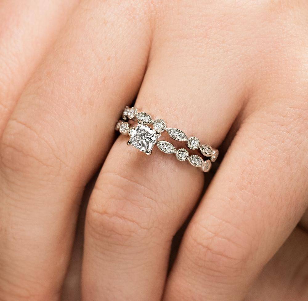 Vintage style wedding ring set with princess cut lab grown diamond engagement ring and matching diamond accented band