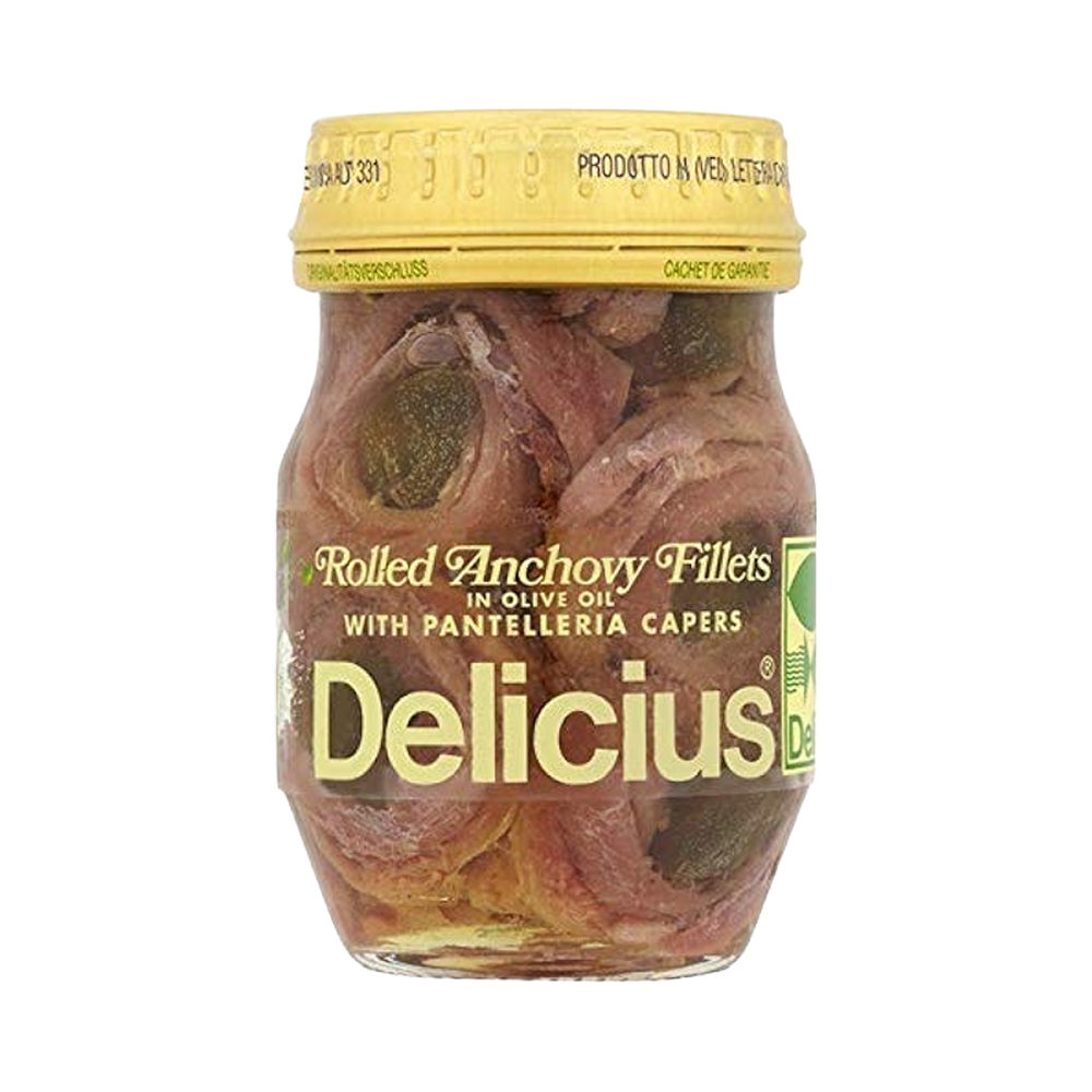 Jar of rolled anchovy fillets with capers labeled 