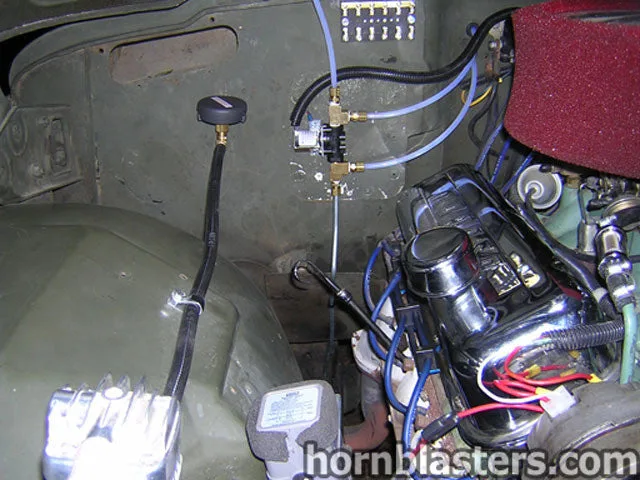 Black Shocker XL train horn bells bracket chassis-frame mounting Scott's M715 pickup onboard-air detail photo 7