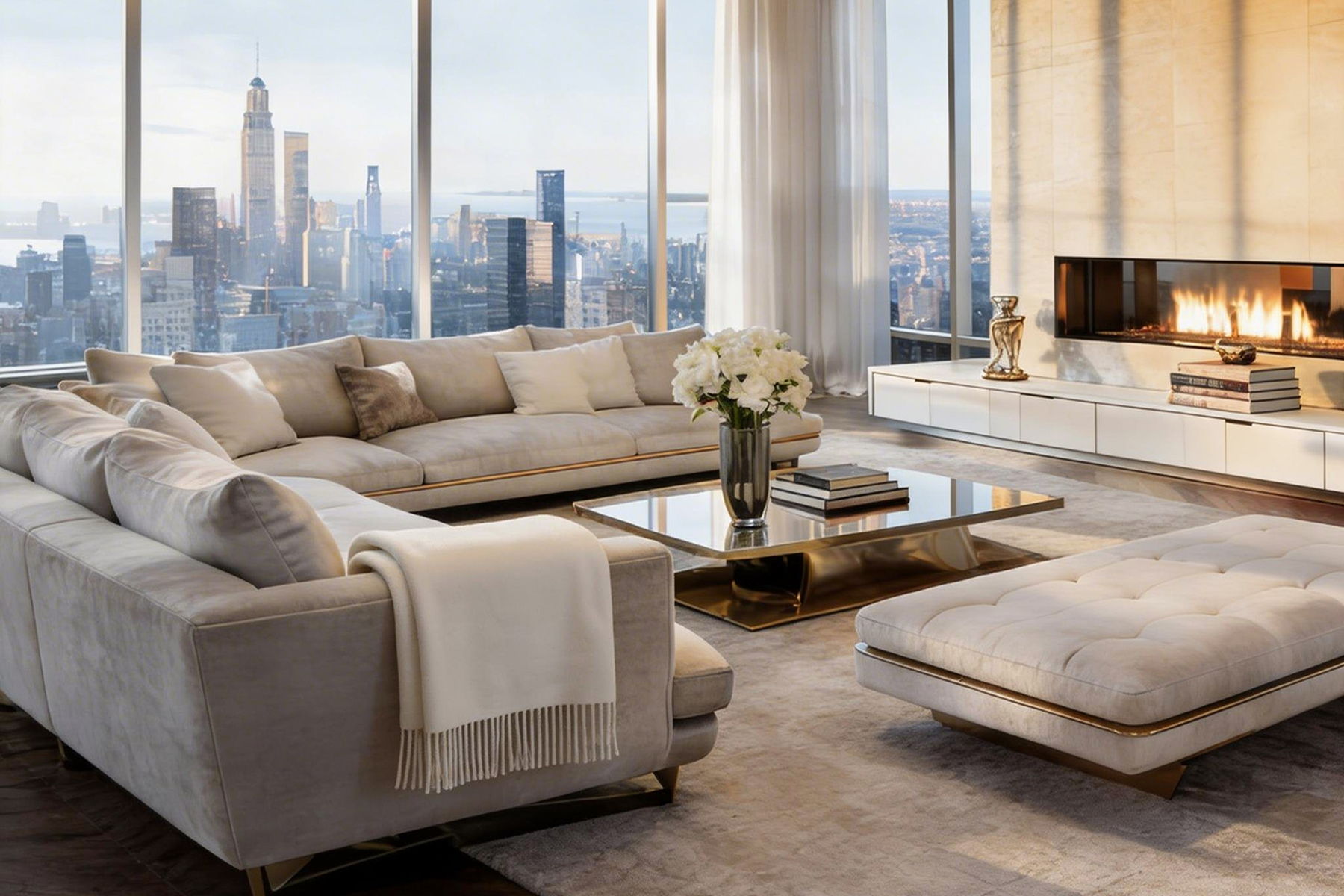 Modern living room with city skyline view and cozy furnishings.