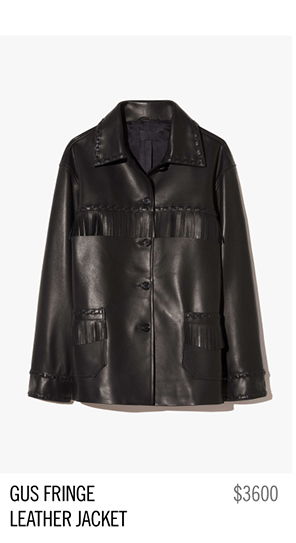 Black leather jacket with fringe details, labeled 