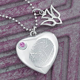 Sterling Silver Heart Cremation Urn Pendant engraved with fingerprint with Swarovski Birthstone Closure and Dove Symbolic Charm
