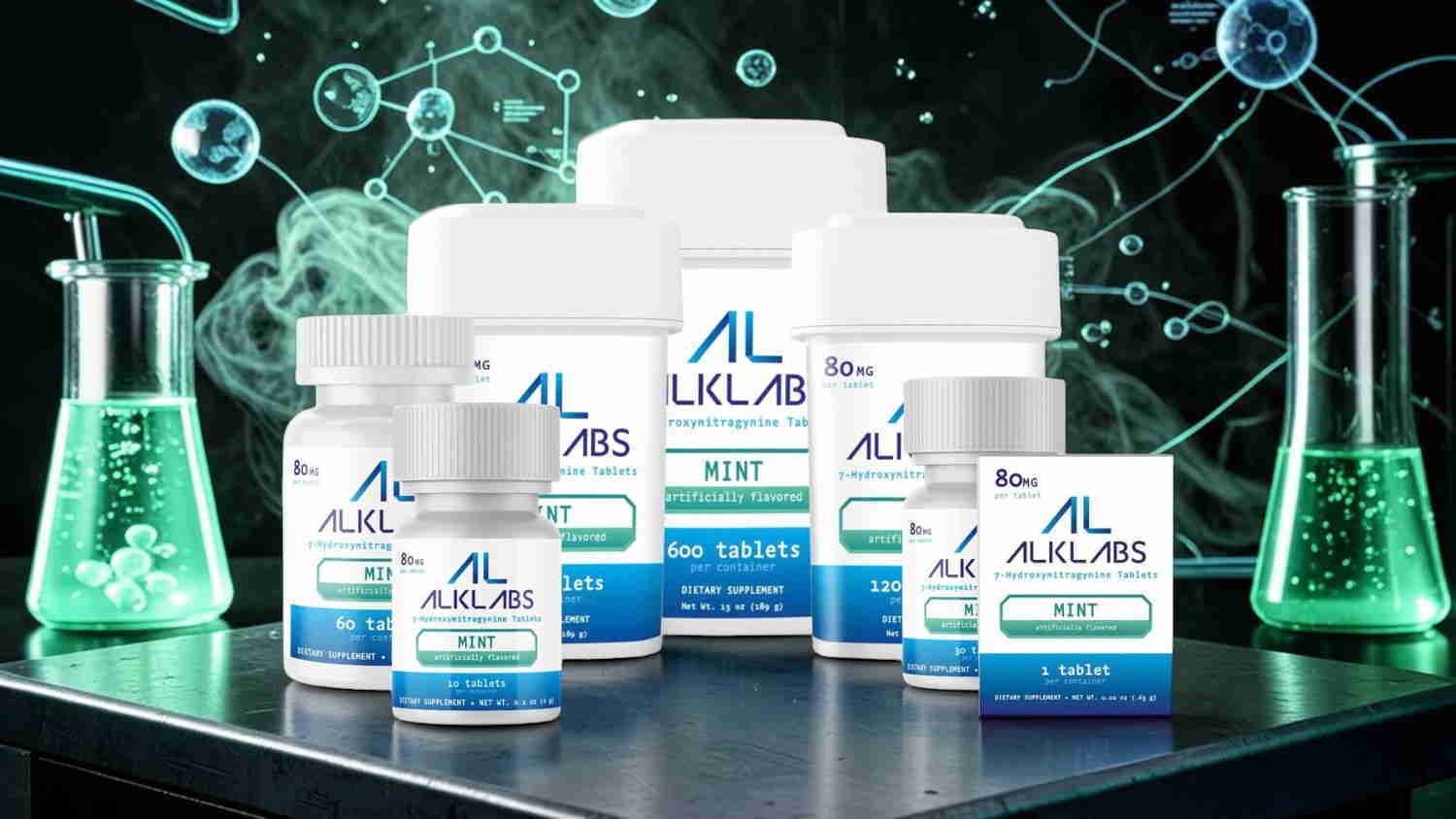 Assorted health supplements with laboratory equipment in the background.