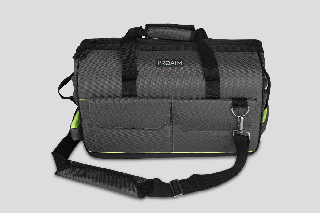 Gray messenger bag with multiple pockets and detachable shoulder strap.