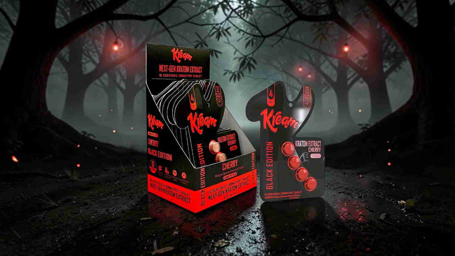 Halloween-themed product display in a dark, eerie forest setting.