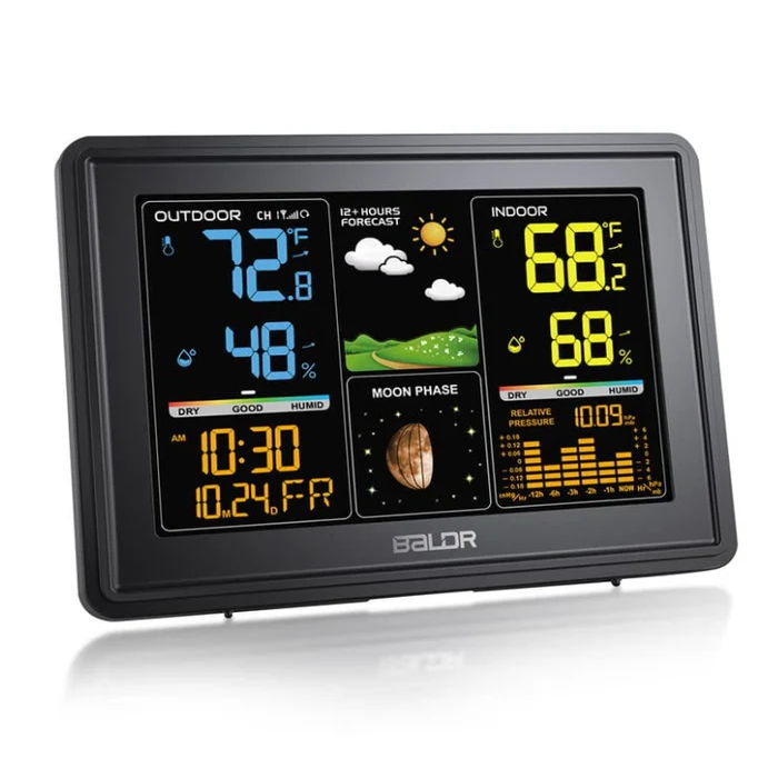 Digital weather station displaying temperature, humidity, and weather forecast.