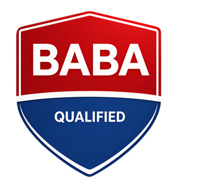 BABA Qualified logo with red and blue shield design.