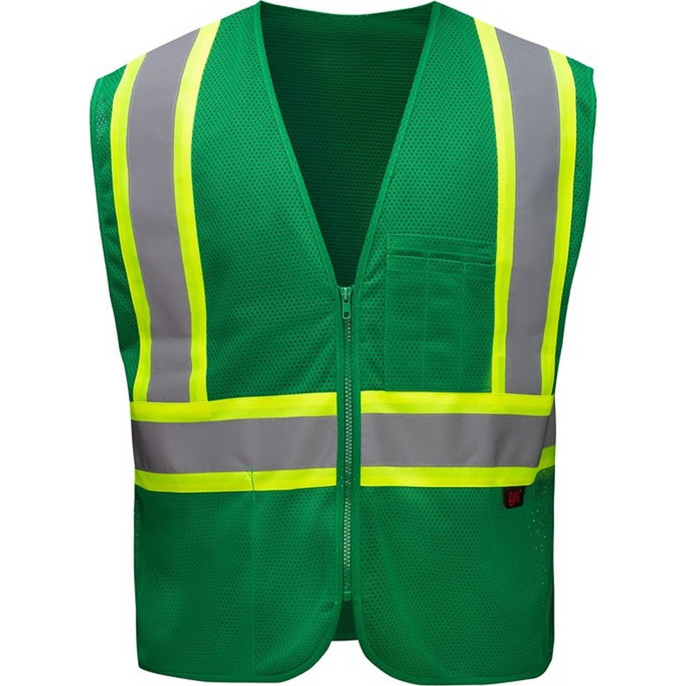 Green safety vest with reflective stripes, designed for visibility.