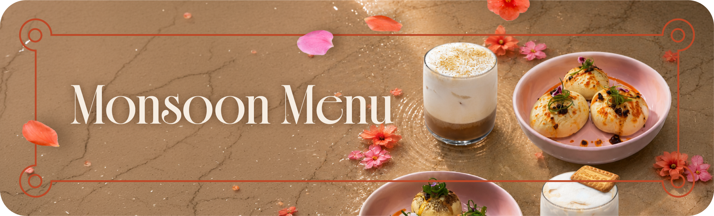 Monsoon Menu with decorative food and floral elements.