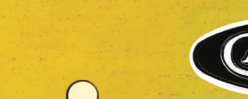 Abstract yellow background with circular shapes and black accents.