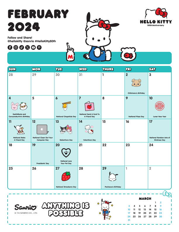 Sanrio Friend of the Month February 2024 Calendar featuring Pochacco.