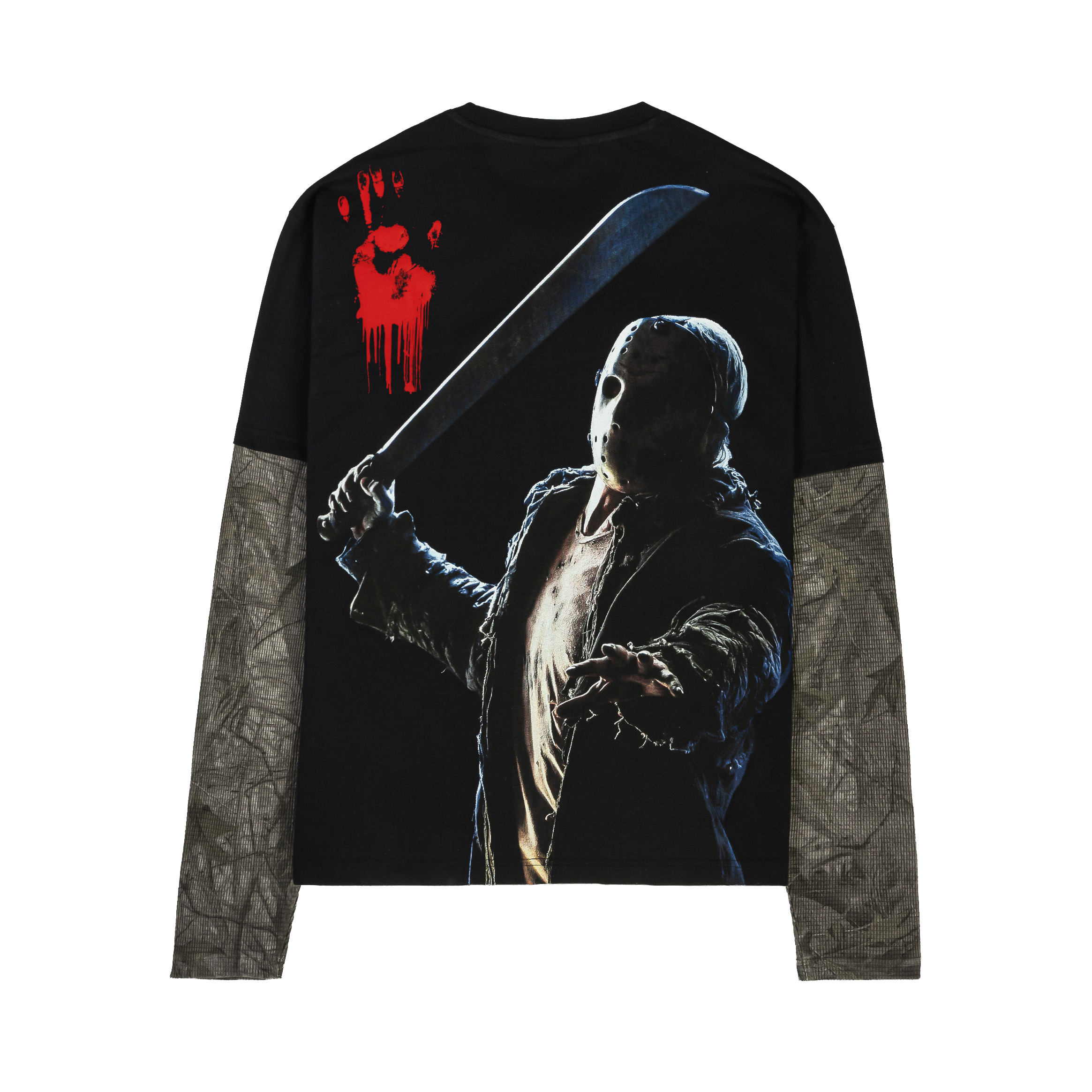 Black long-sleeve shirt with camouflage sleeves and graphic designs.