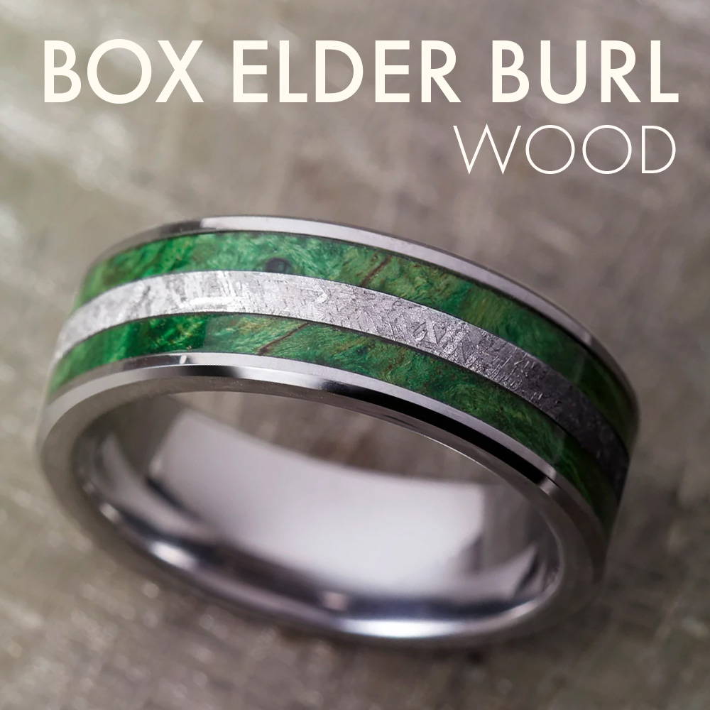 Tungsten Wedding Band With Green Box Elder Burl Wood and Meteorite