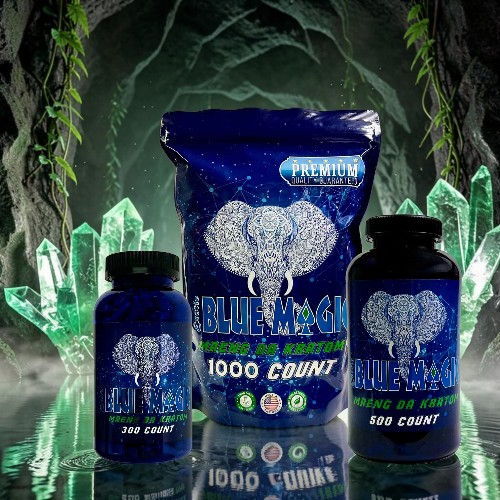 Bottles and packaging of a product featuring an elephant design against a crystal background.