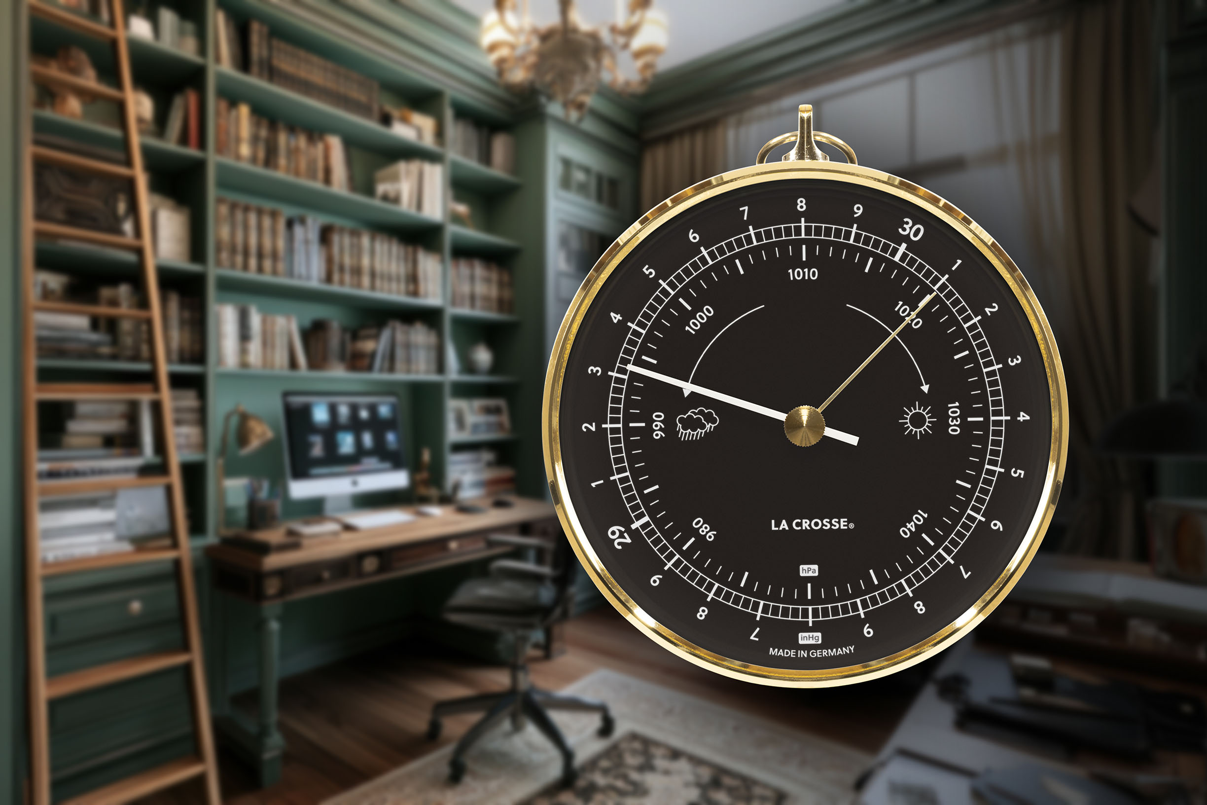 138-611B analog barometer in a cozy study with bookshelves and a desk.
