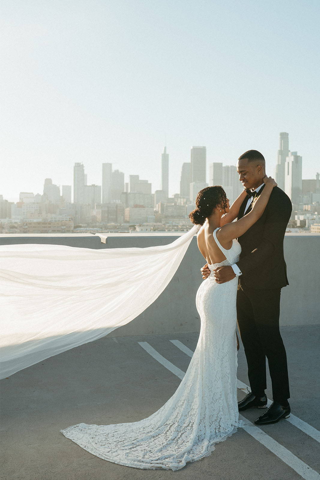 Bride and groom on rooftop