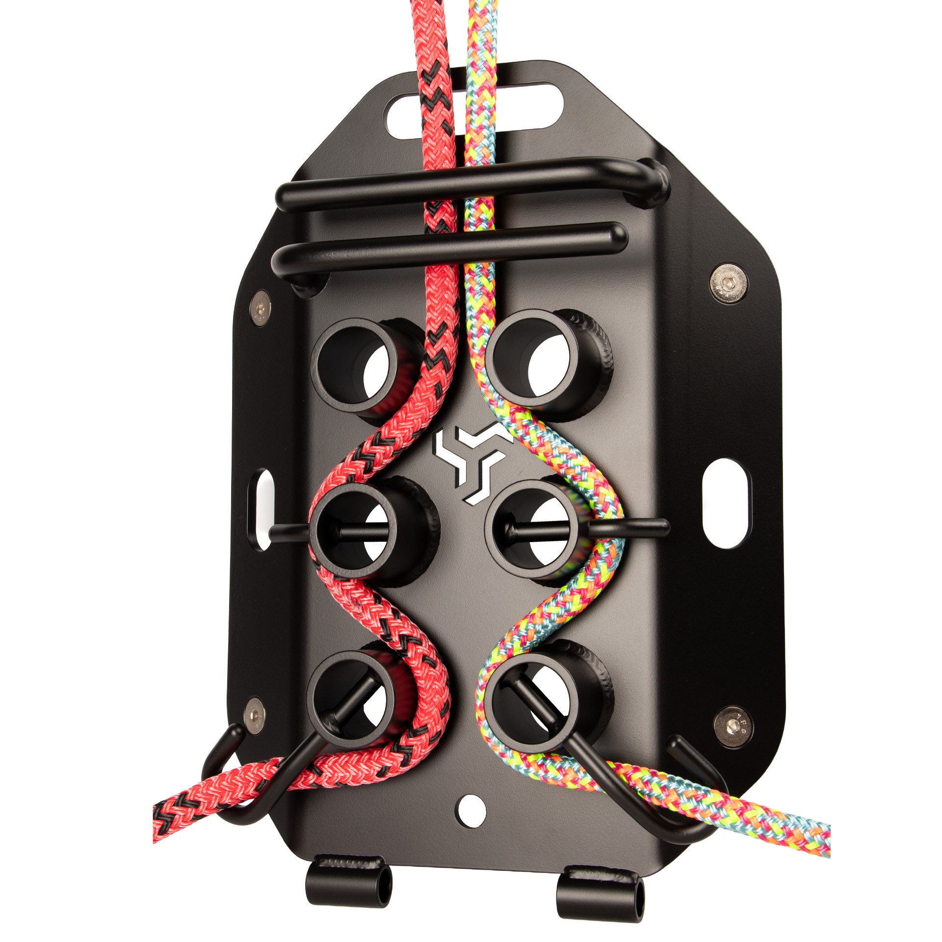 Black metal device with colorful ropes threaded through holes for climbing or rescue.