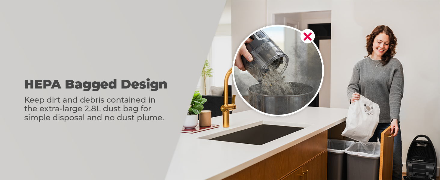 HEPA bagged design for effective dirt and allergen capture in vacuum cleaners.