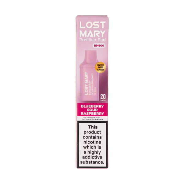 Lost Mary vape product, blueberry sour raspberry flavor, with warning label.
