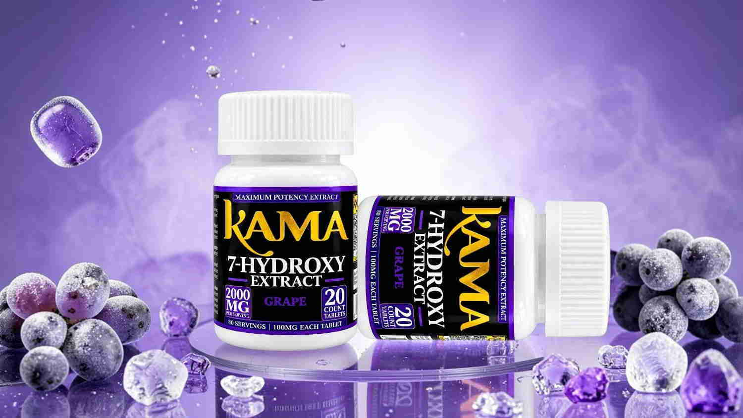 Kama supplement bottles with purple accents and blueberries in a misty background.