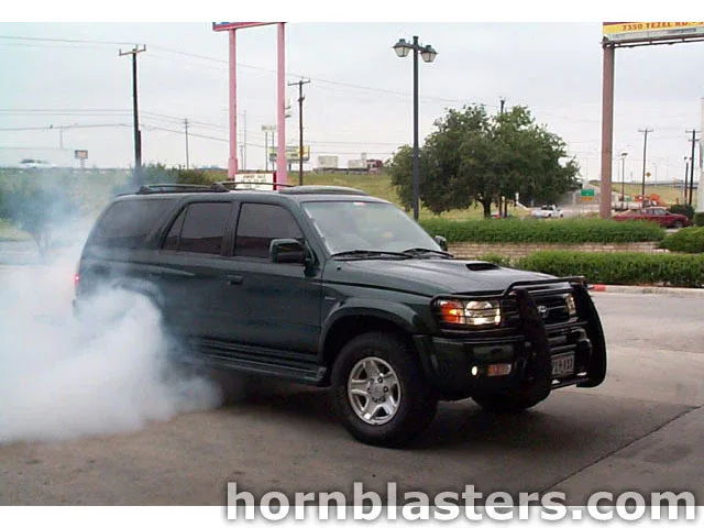 Dark green Toyota 4Runner burnout white tire smoke parking lot Shocker XL train horn gallery photo 6