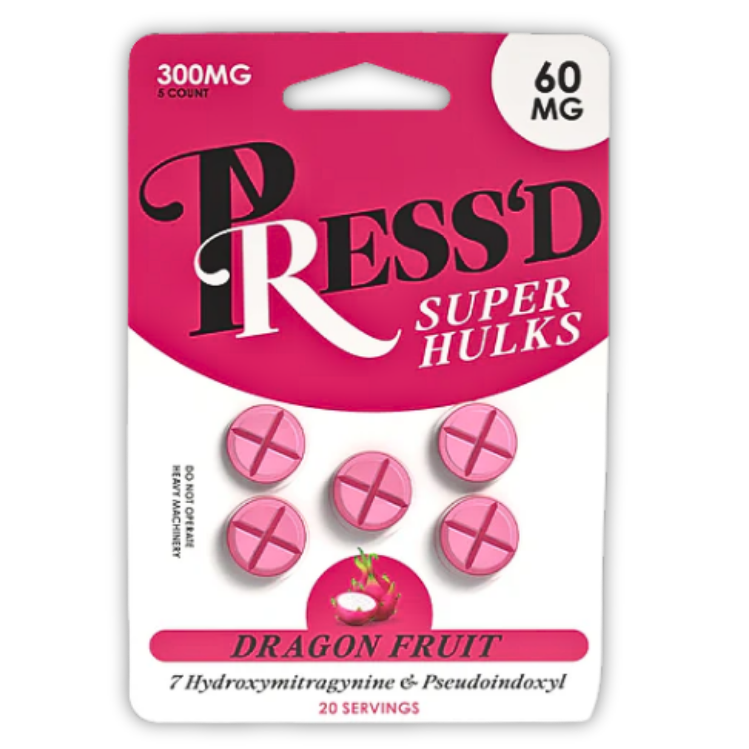Press'd Super Hulks Dragon Fruit supplement packaging with pink pills.