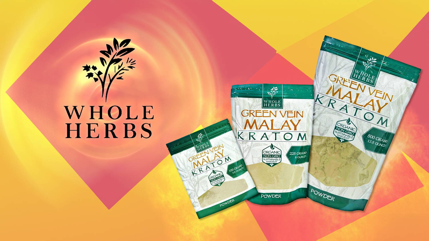Whole Herbs Green Vein Malay 3.5, 8, and 17.5 Ounce Powder Banner