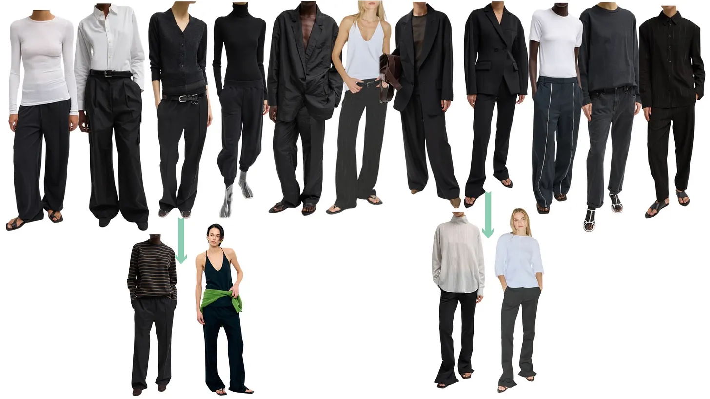 Various outfits displayed on mannequin-like figures in different styles and colors.
