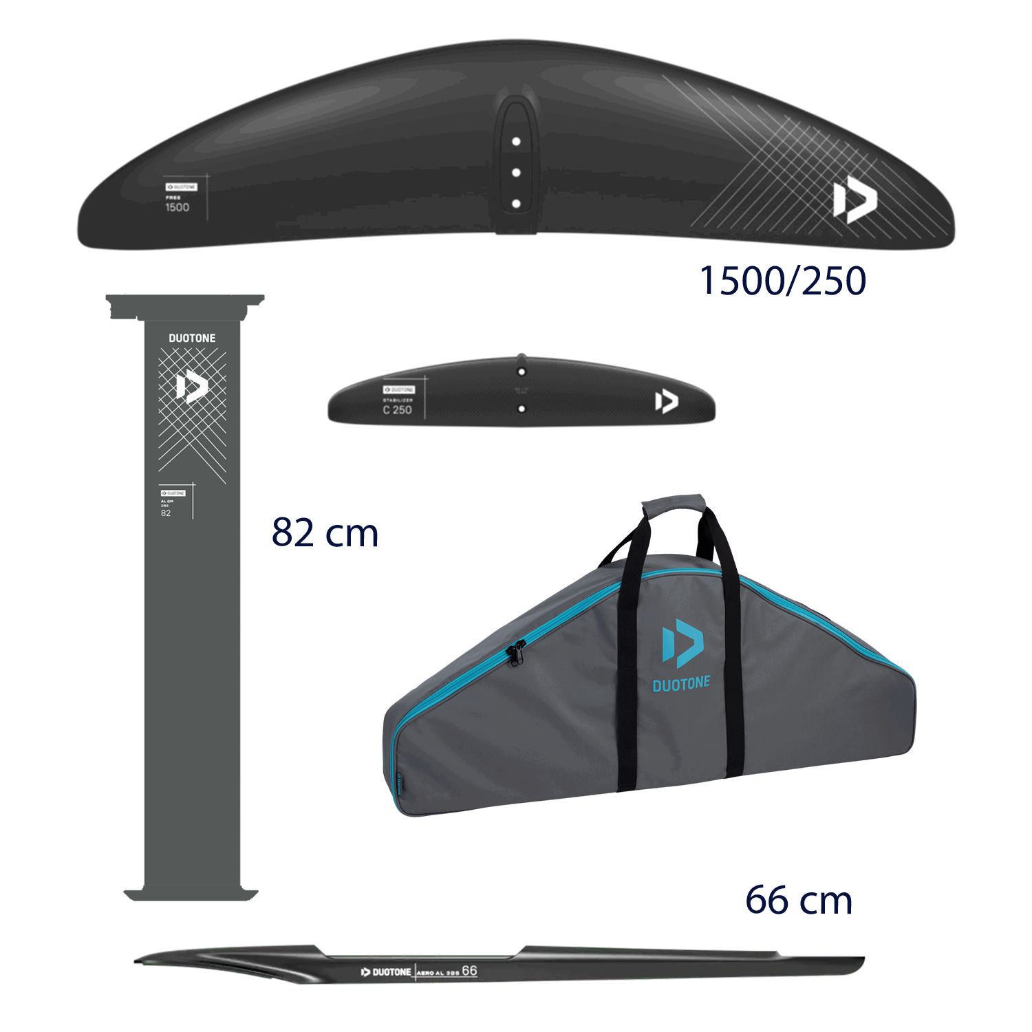 Hydrofoil components including wing, mast, and bag dimensions.