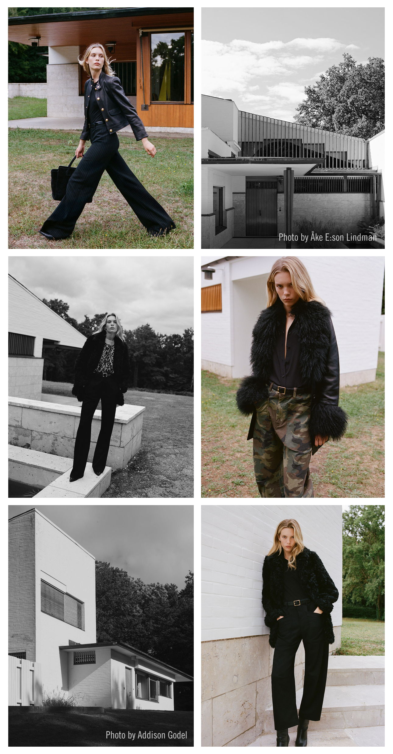 Fashion photos featuring models in stylish outfits near modern architecture.