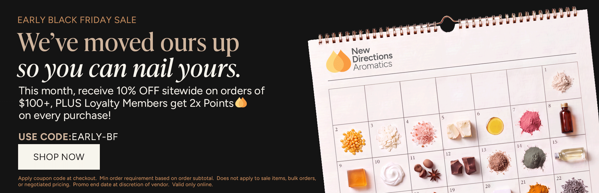 Calendar with various colorful items and promotional text.