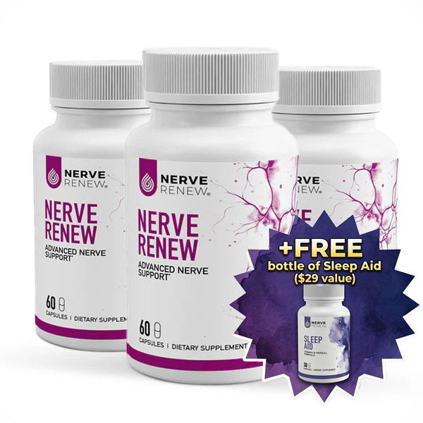 Bottles of Nerve Renew dietary supplement with free sleep aid offer.