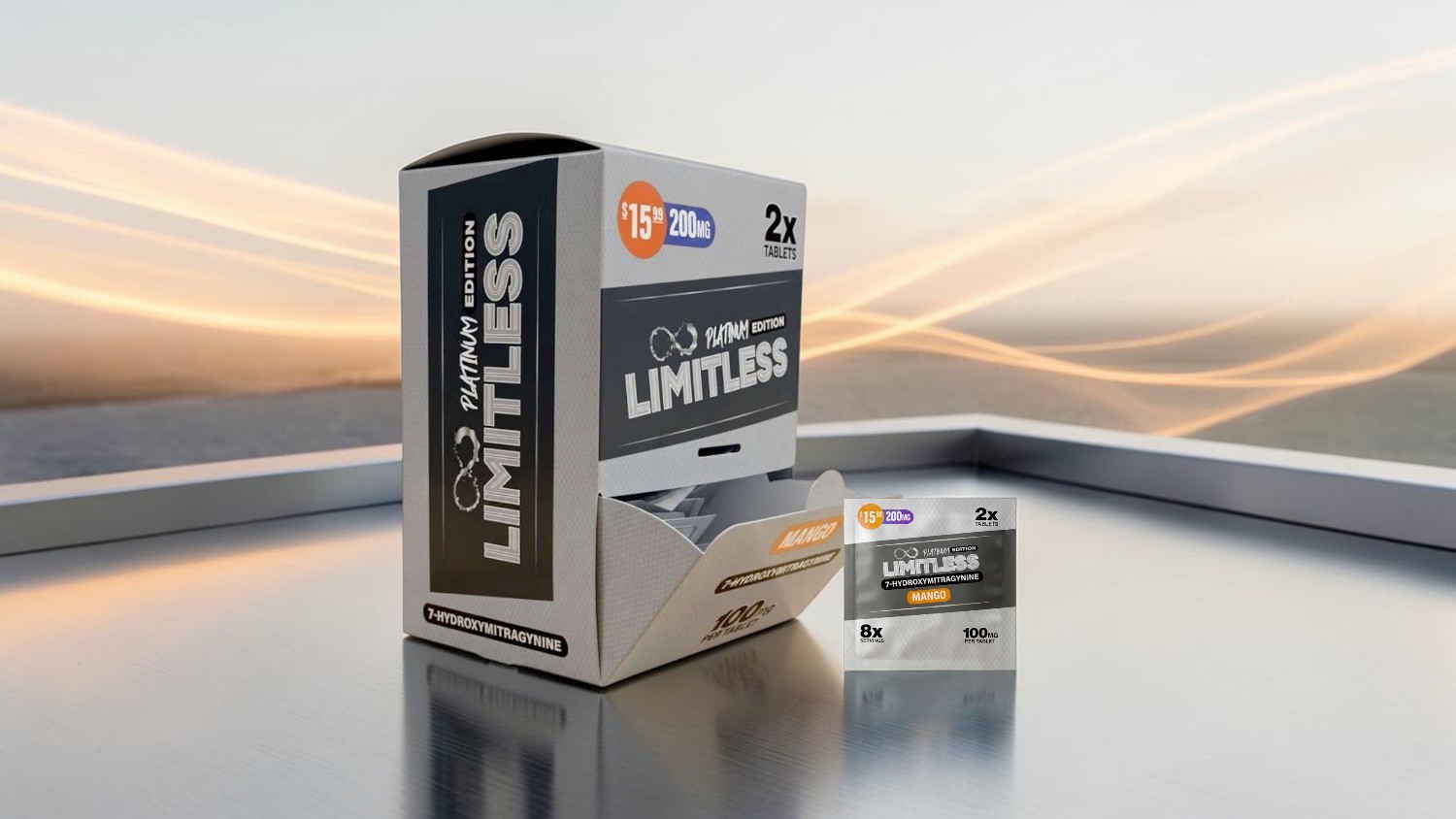 Box and package of a product labeled 