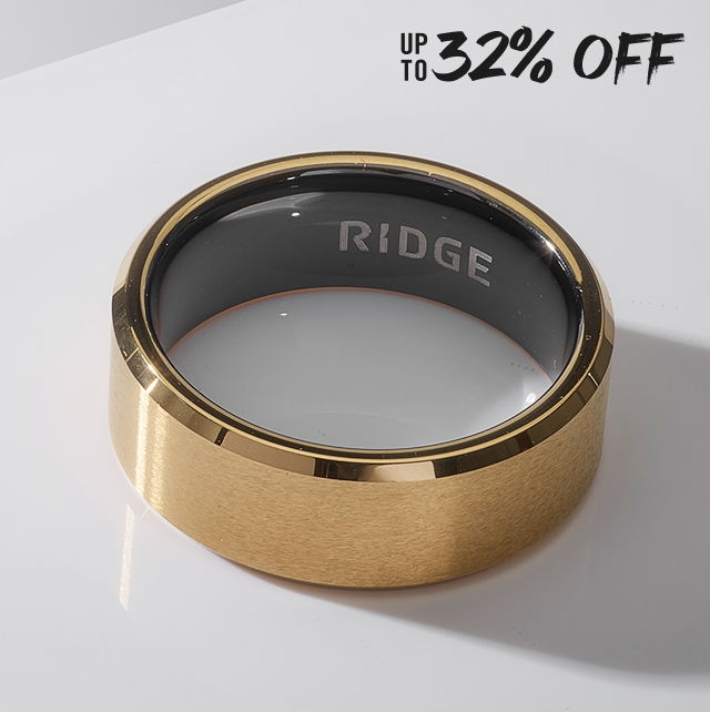 Gold ring with Ridge branding, promotional text indicating up to 32% off.
