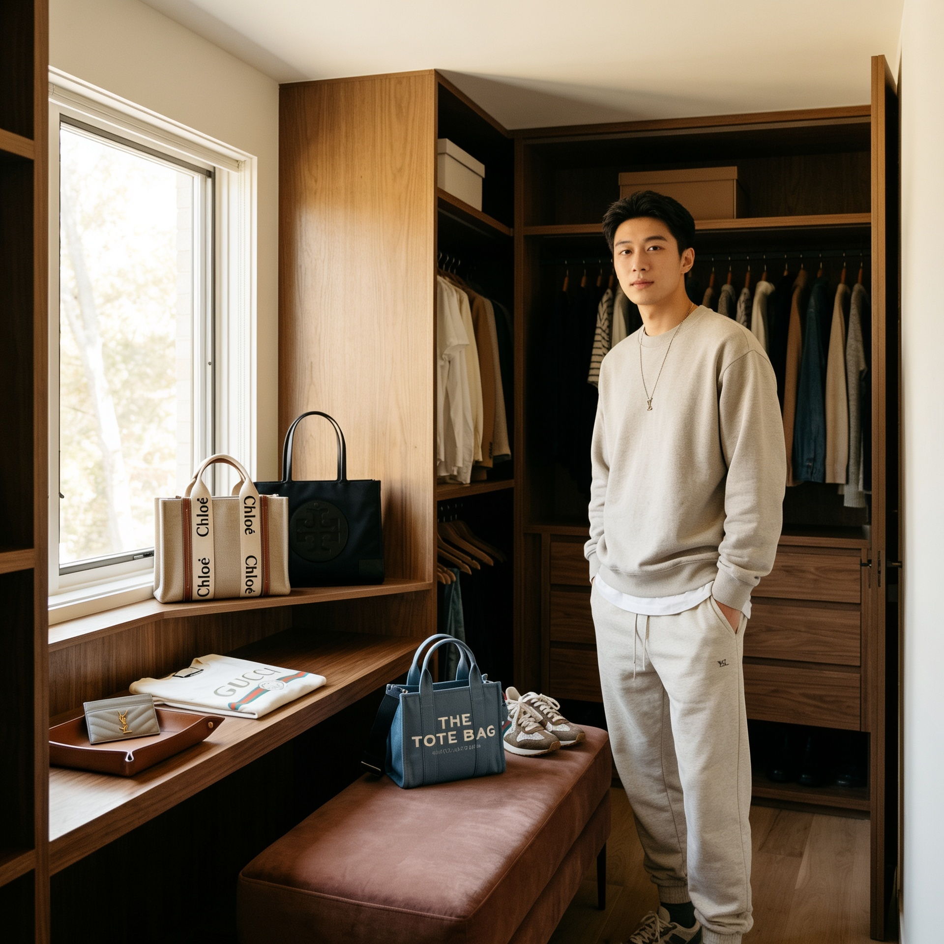 Person in casual attire standing in a stylish, organized closet.