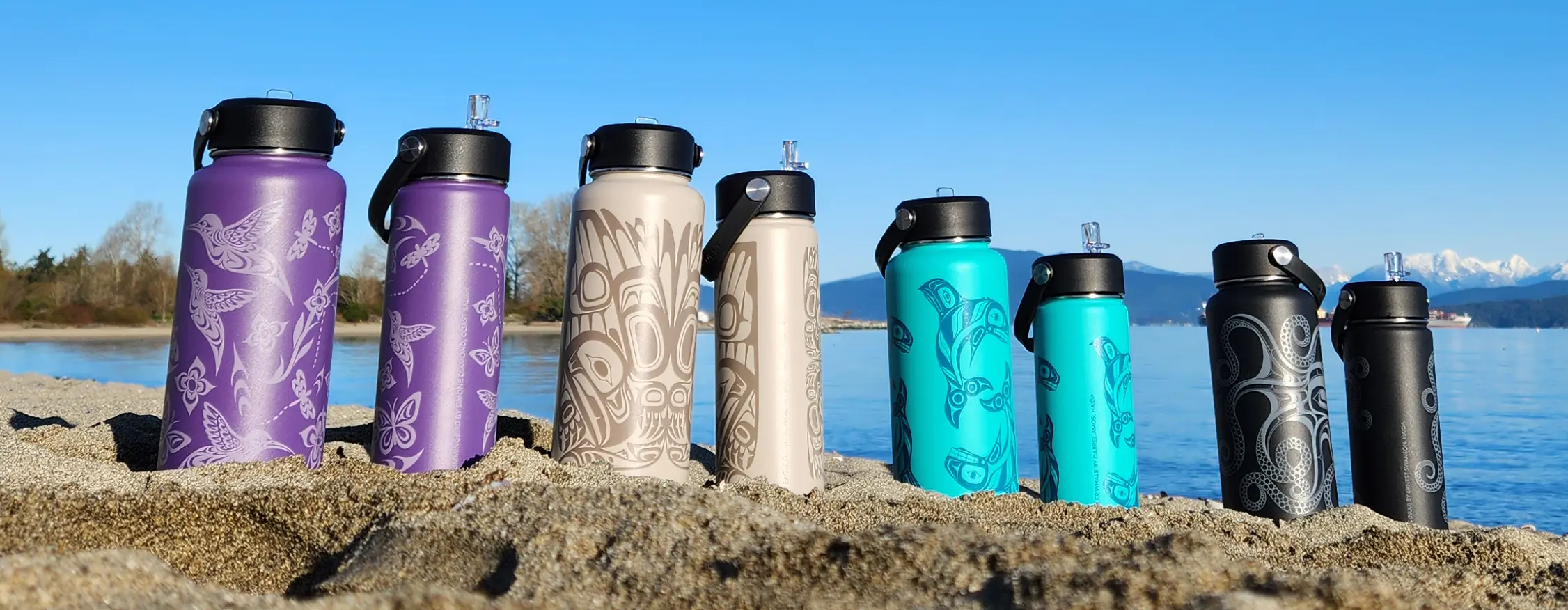 Wide Mouth Insulated Bottles featuring Indigenous artwork on a beach — 21oz and 32oz — Native Northwest