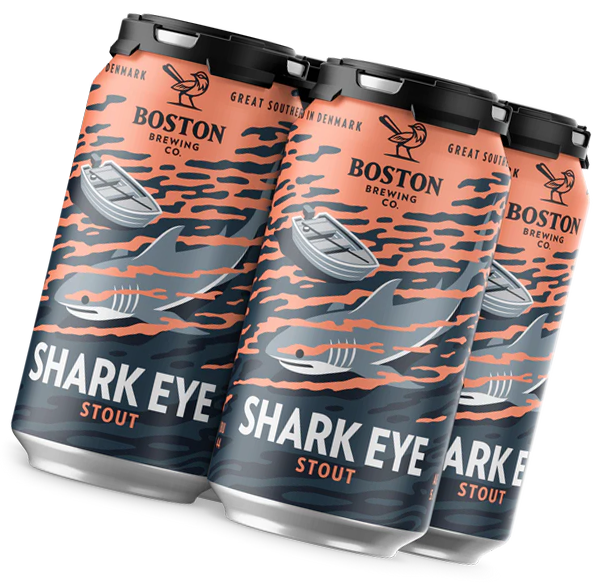 A Four-pack of Boston Brewing Co Shark Eye Stout cans featuring a bold salmon, grey and blue shark and water themed design