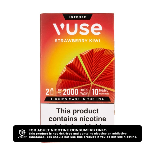 Vuse Strawberry Kiwi vape pods with nicotine warning label.