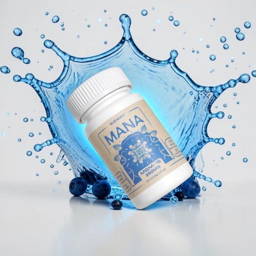 Bottle of Mana supplement surrounded by blue water splash.