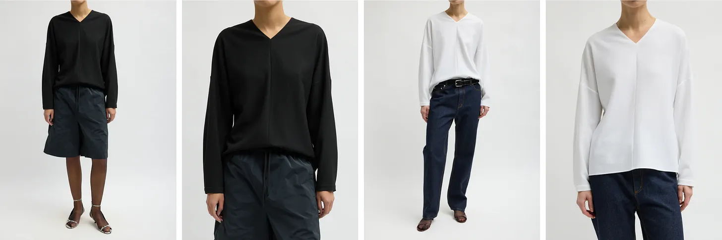 Four models wearing long-sleeve shirts in black and white colors.