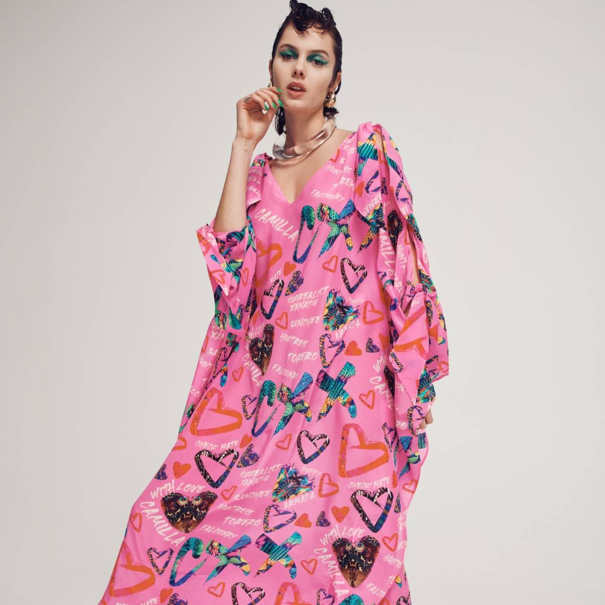 model wearing new season CAMILLA pink graffiti print