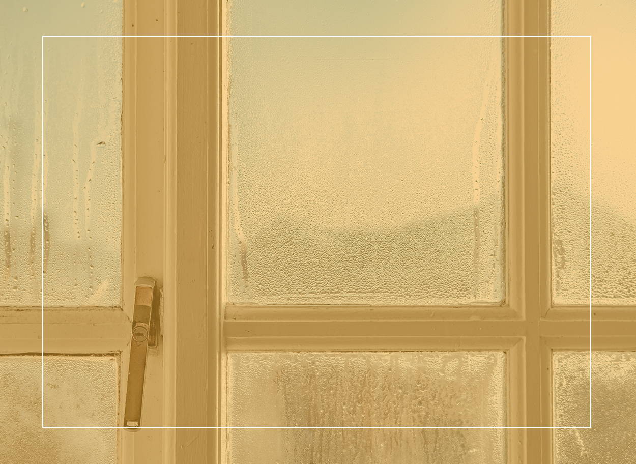 Blue sky is visible through the condensation on a glass window. This could be the perfect humidity for dust mites to thrive.