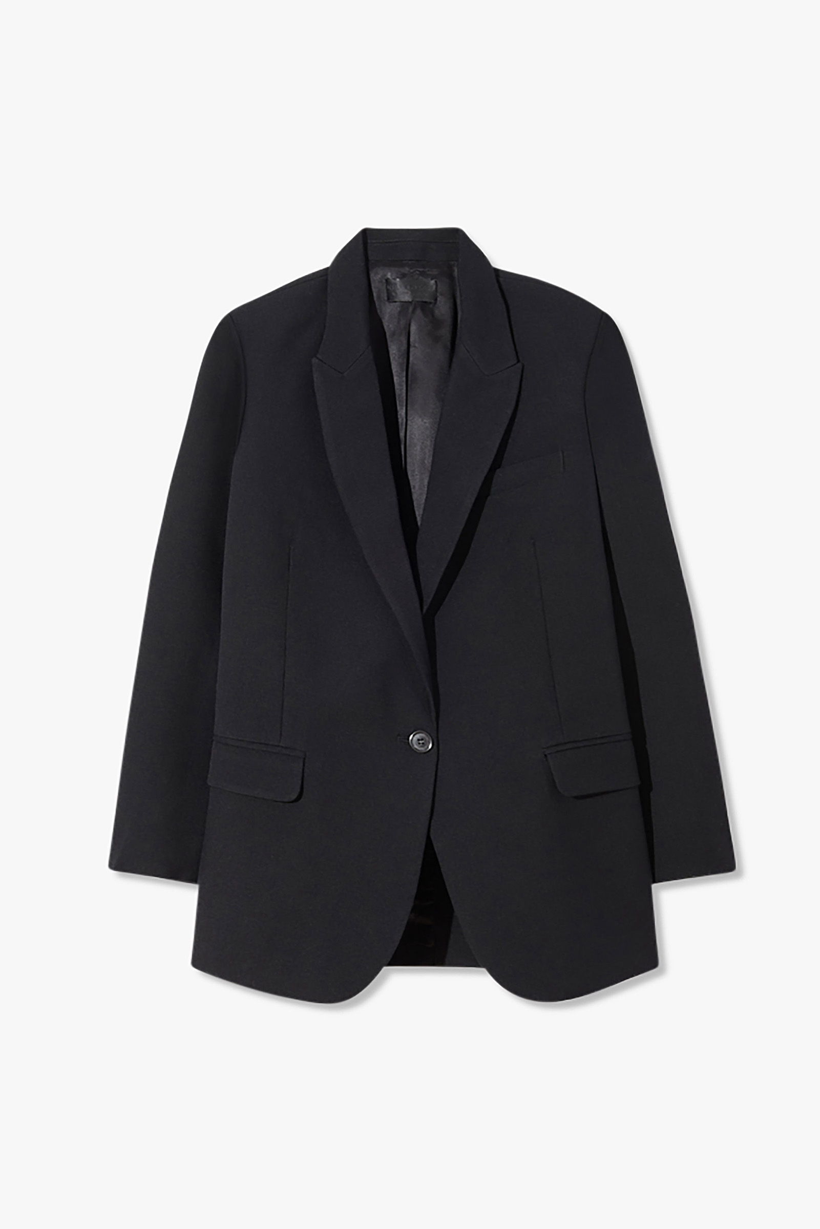 Black blazer with a notched lapel and two front pockets.