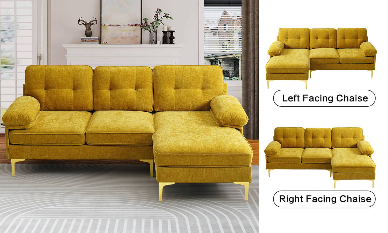 Asjmreye Sectional Sofa Couch, L Shaped Sofa, Modern Chenille fabric, Golden