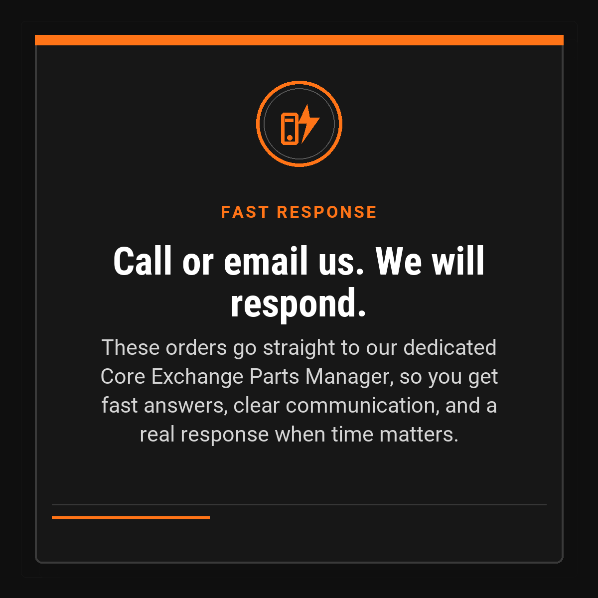 Text promoting fast response for orders via call or email.