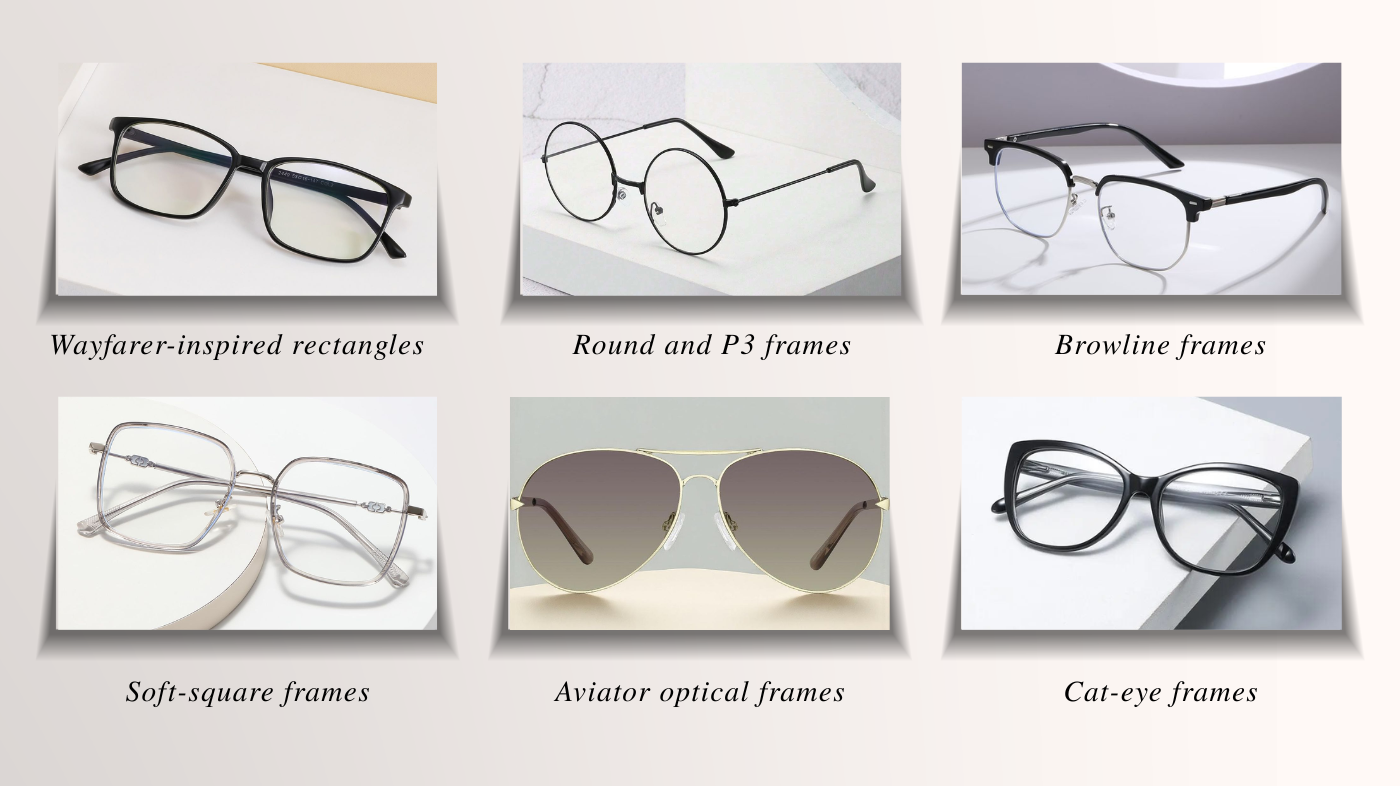 College eyeglasses frame styles including rectangle, round, aviator, cat-eye, and browline shapes