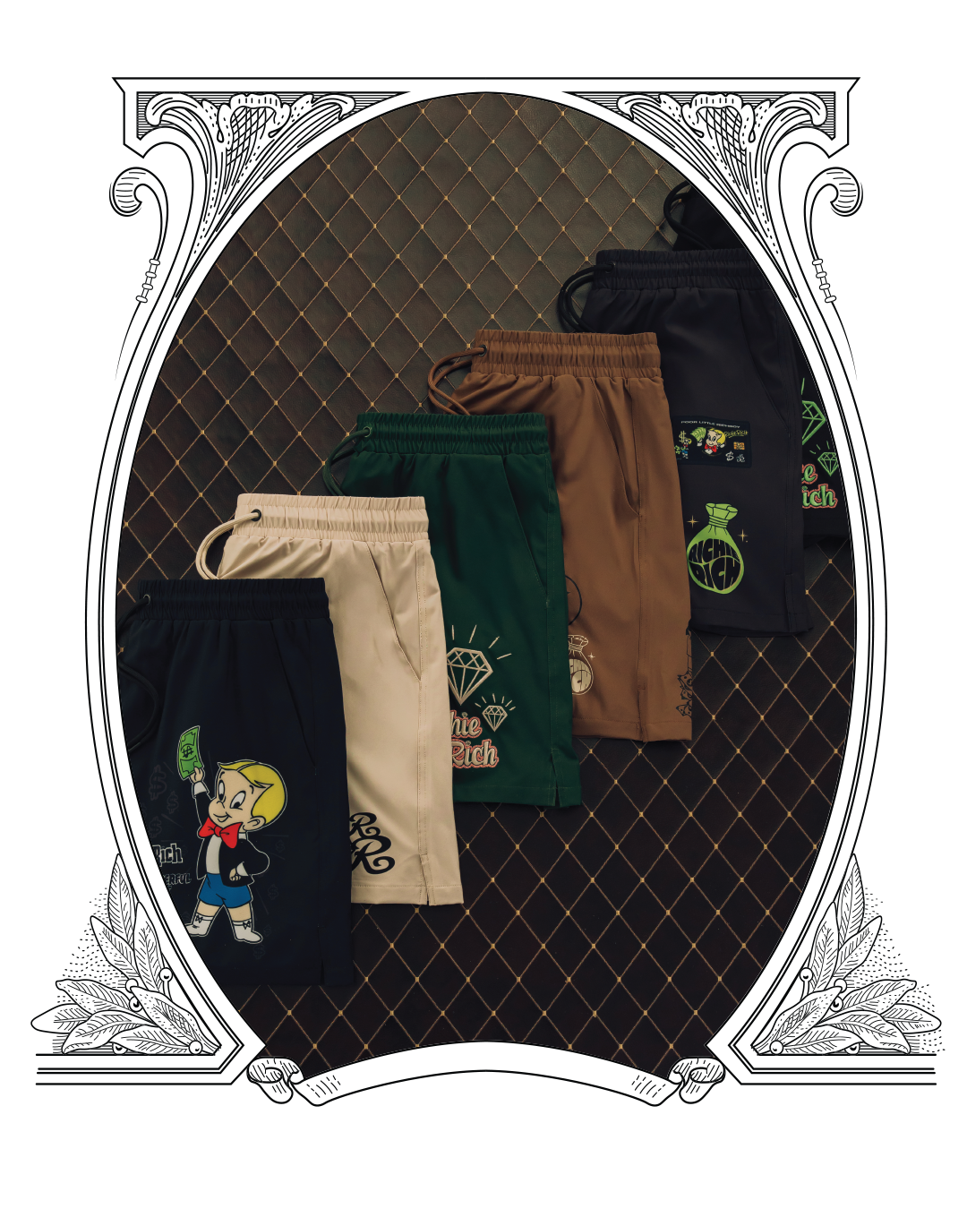 Five pairs of colorful shorts displayed on a patterned surface.
